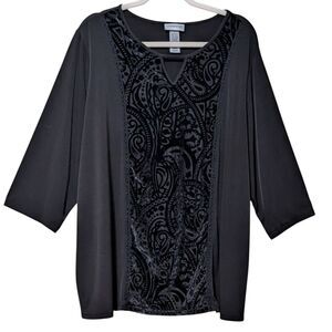 Catherines black v-neck burnout velvet 3/4 length sleeve applique top size 1X